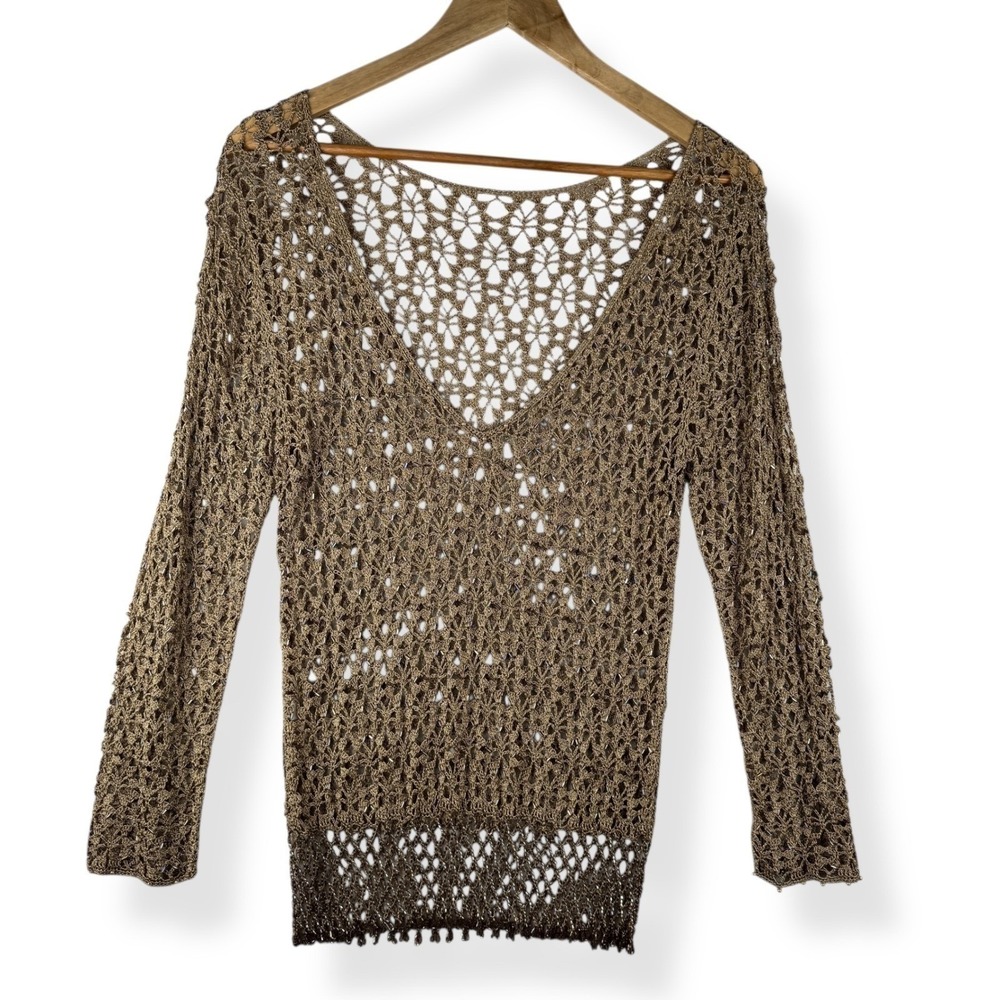 Gold Womens Open Knit Crochet Top Size Medium Glam Fairy Festival Sheer Beaded